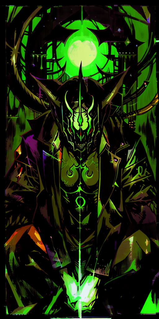 a demon with magic, green color,  <lora:tarot card 512x1024:1>